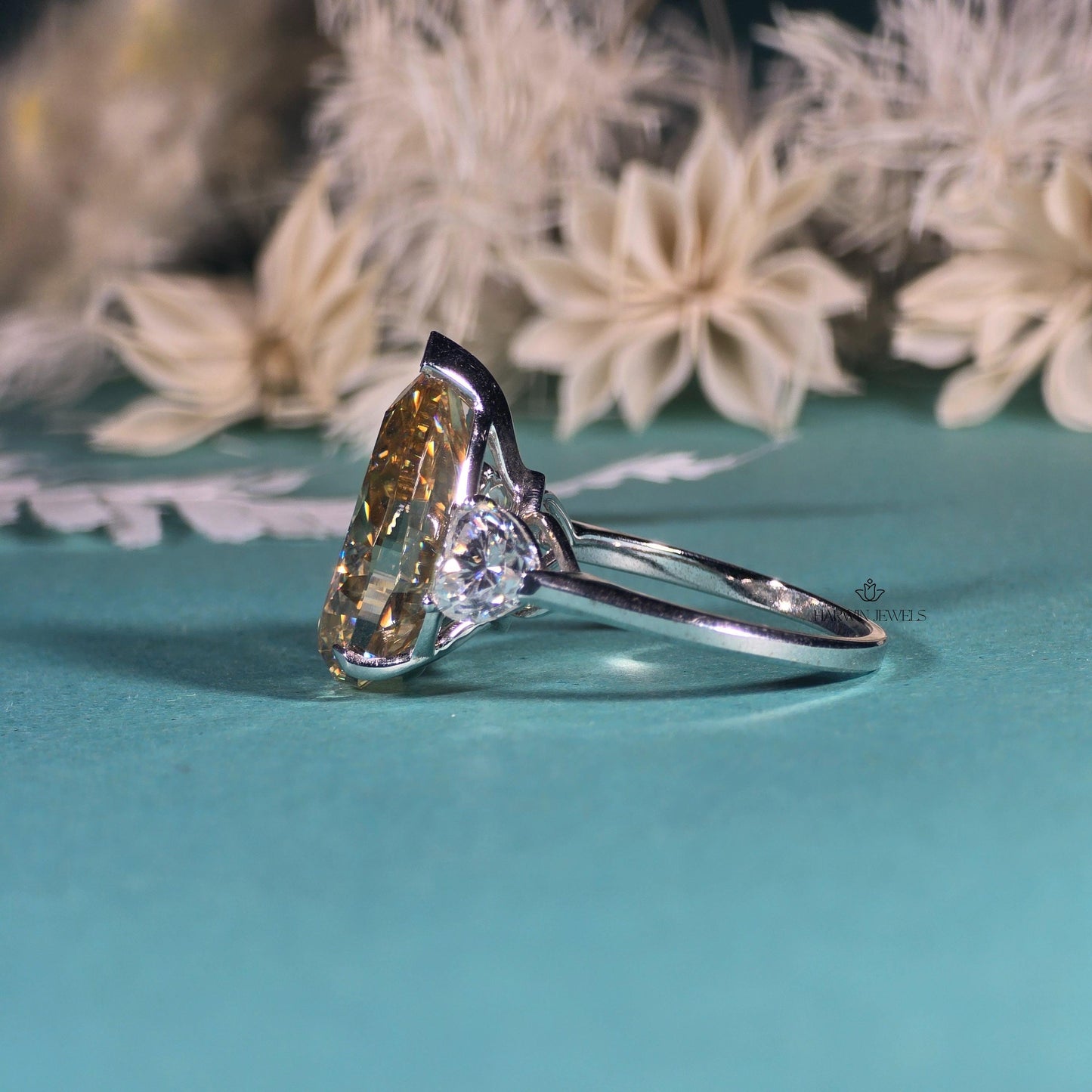 Three Stone 10.0 CT Yellow pear Moissanite Ring Engagement Ring with Wedding Gift, Ring For Women's, Tear Drop Ring/ Promise Gift for Her.