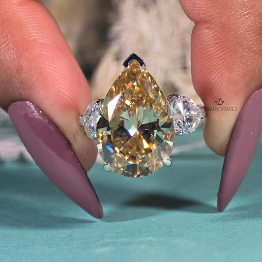 Three Stone 10.0 CT Yellow pear Moissanite Ring Engagement Ring with Wedding Gift, Ring For Women's, Tear Drop Ring/ Promise Gift for Her.