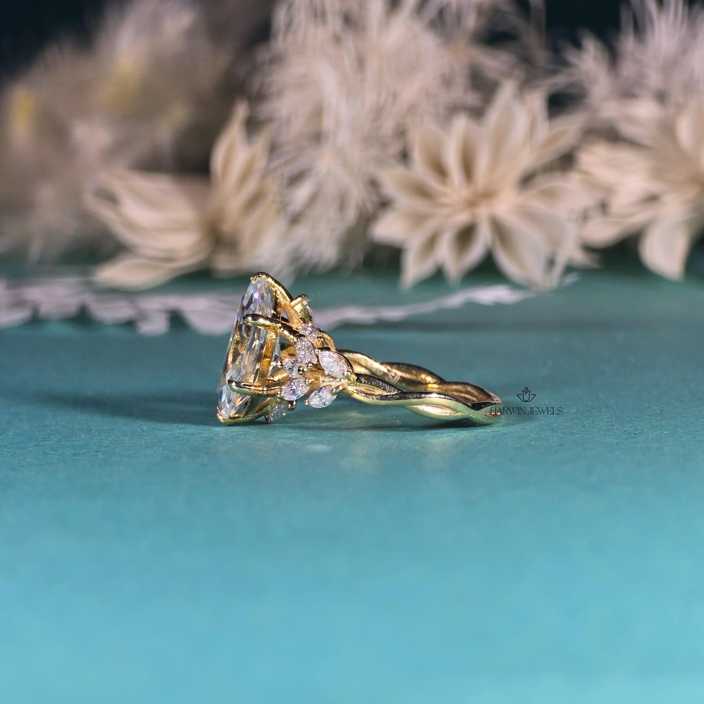 Marquise Cut Moissanite Cluster Engagement Ring, 3 CT Wedding Ring For Women, 14k Yellow Gold Ring, Cluster Marriage ring, Gift For Wife