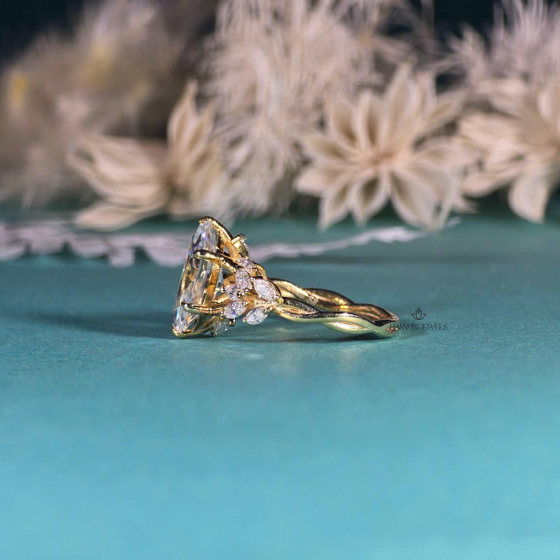 Marquise Cut Moissanite Cluster Engagement Ring, 3 CT Wedding Ring For Women, 14k Yellow Gold Ring, Cluster Marriage ring, Gift For Wife