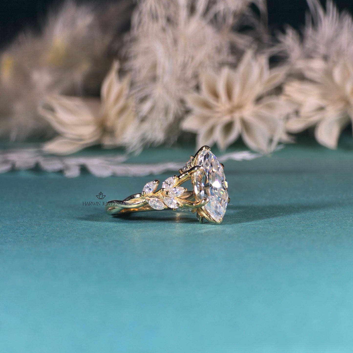 Marquise Cut Moissanite Cluster Engagement Ring, 3 CT Wedding Ring For Women, 14k Yellow Gold Ring, Cluster Marriage ring, Gift For Wife