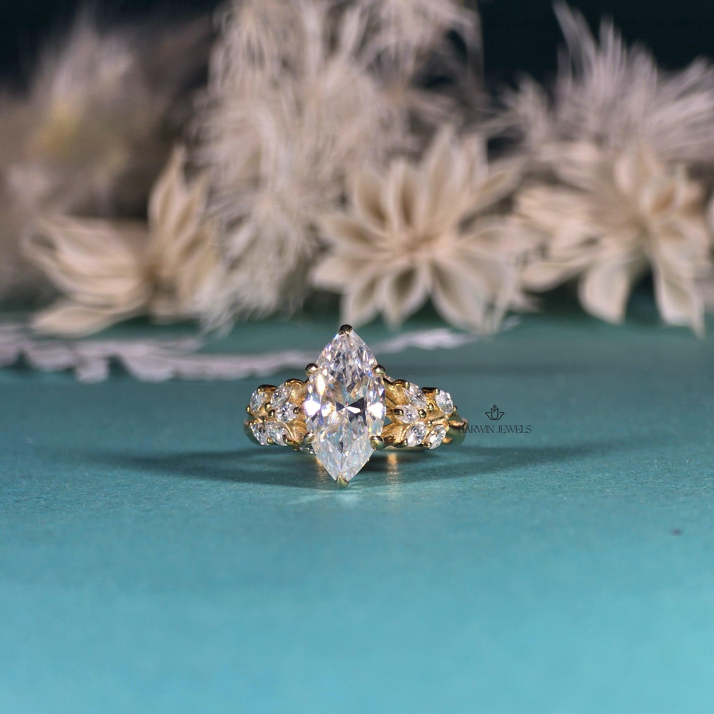 Marquise Cut Moissanite Cluster Engagement Ring, 3 CT Wedding Ring For Women, 14k Yellow Gold Ring, Cluster Marriage ring, Gift For Wife