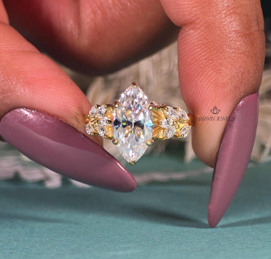 Marquise Cut Moissanite Cluster Engagement Ring, 3 CT Wedding Ring For Women, 14k Yellow Gold Ring, Cluster Marriage ring, Gift For Wife