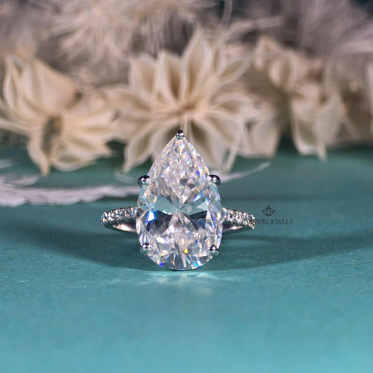 Pear Cut Moissanite Halo Engagement Ring, 14K White Gold Pave Setting Beautiful Promise Anniversary Gift For Her, Handmade Jewelry