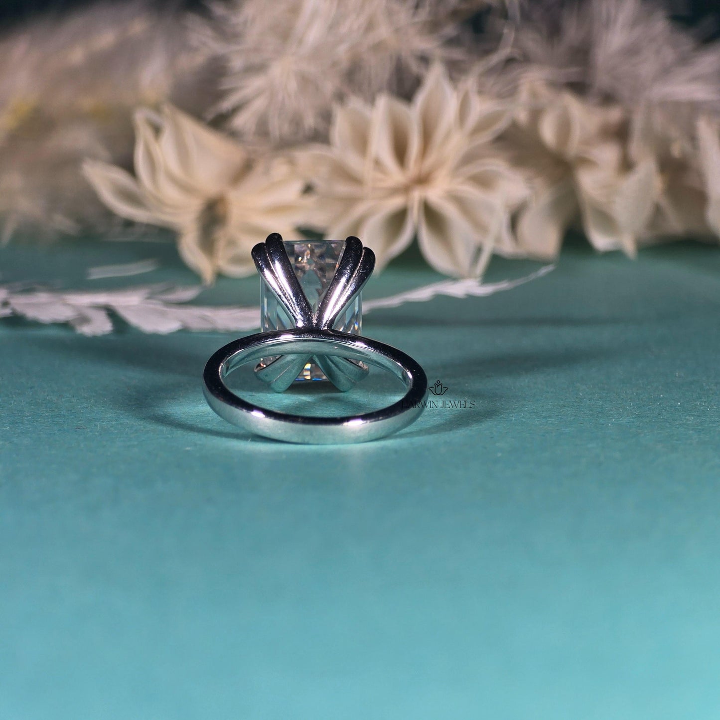 Engagement Ring for Her, 14K Solid White Gold Emerald Cut Moissanite Wedding Ring, Double Prongs Bridal Ring, Valentine's Day, Promise Ring