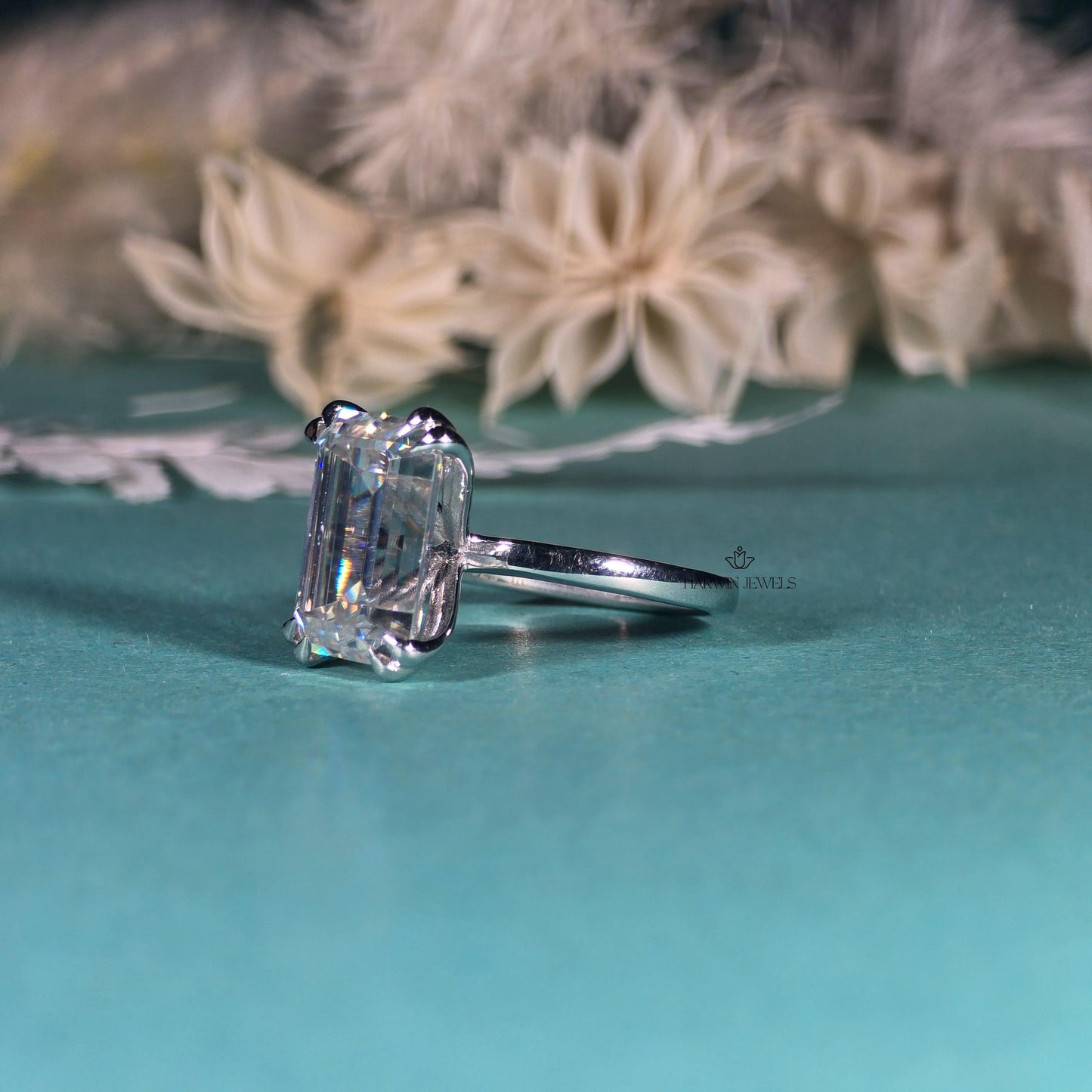 Engagement Ring for Her, 14K Solid White Gold Emerald Cut Moissanite Wedding Ring, Double Prongs Bridal Ring, Valentine's Day, Promise Ring