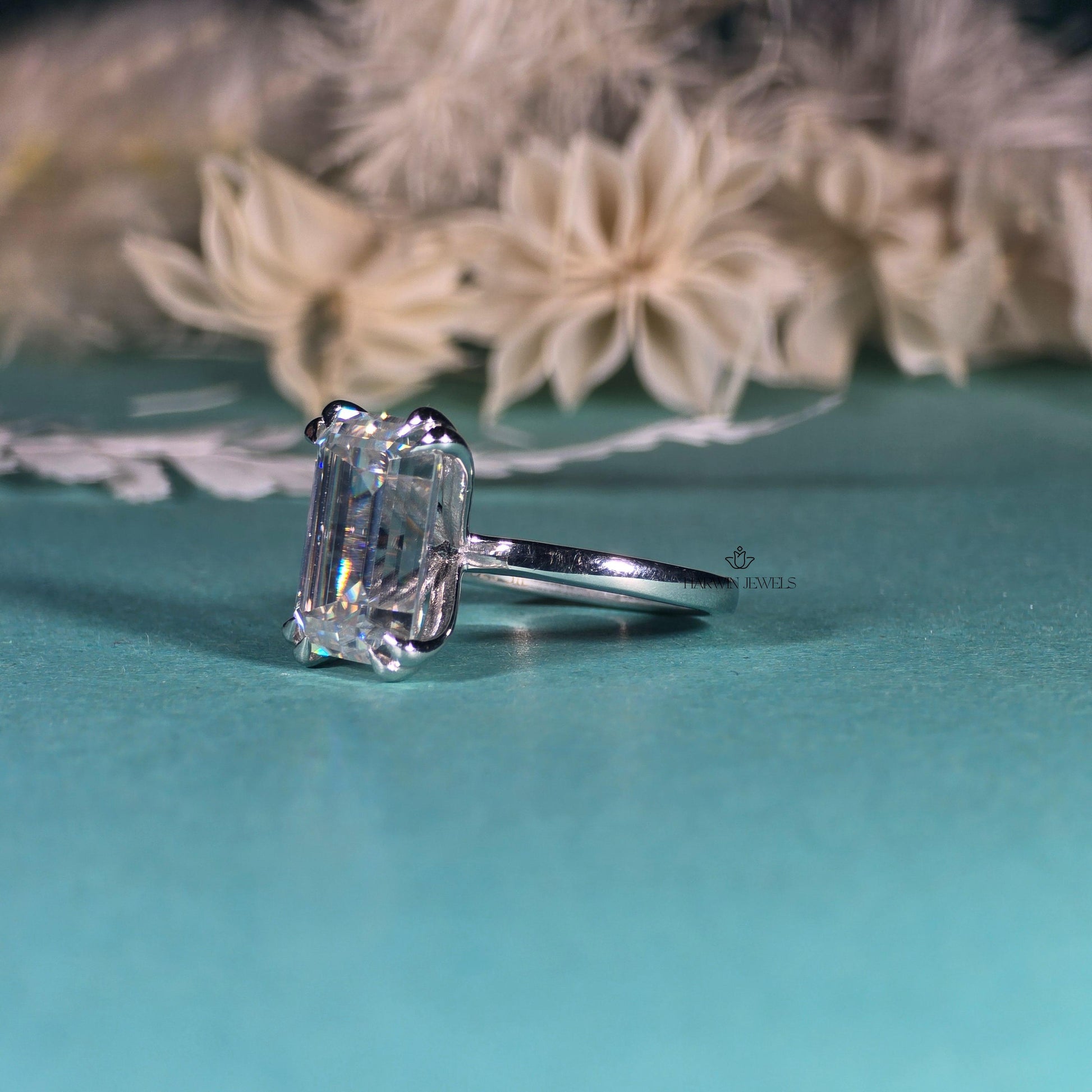 Engagement Ring for Her, 14K Solid White Gold Emerald Cut Moissanite Wedding Ring, Double Prongs Bridal Ring, Valentine's Day, Promise Ring