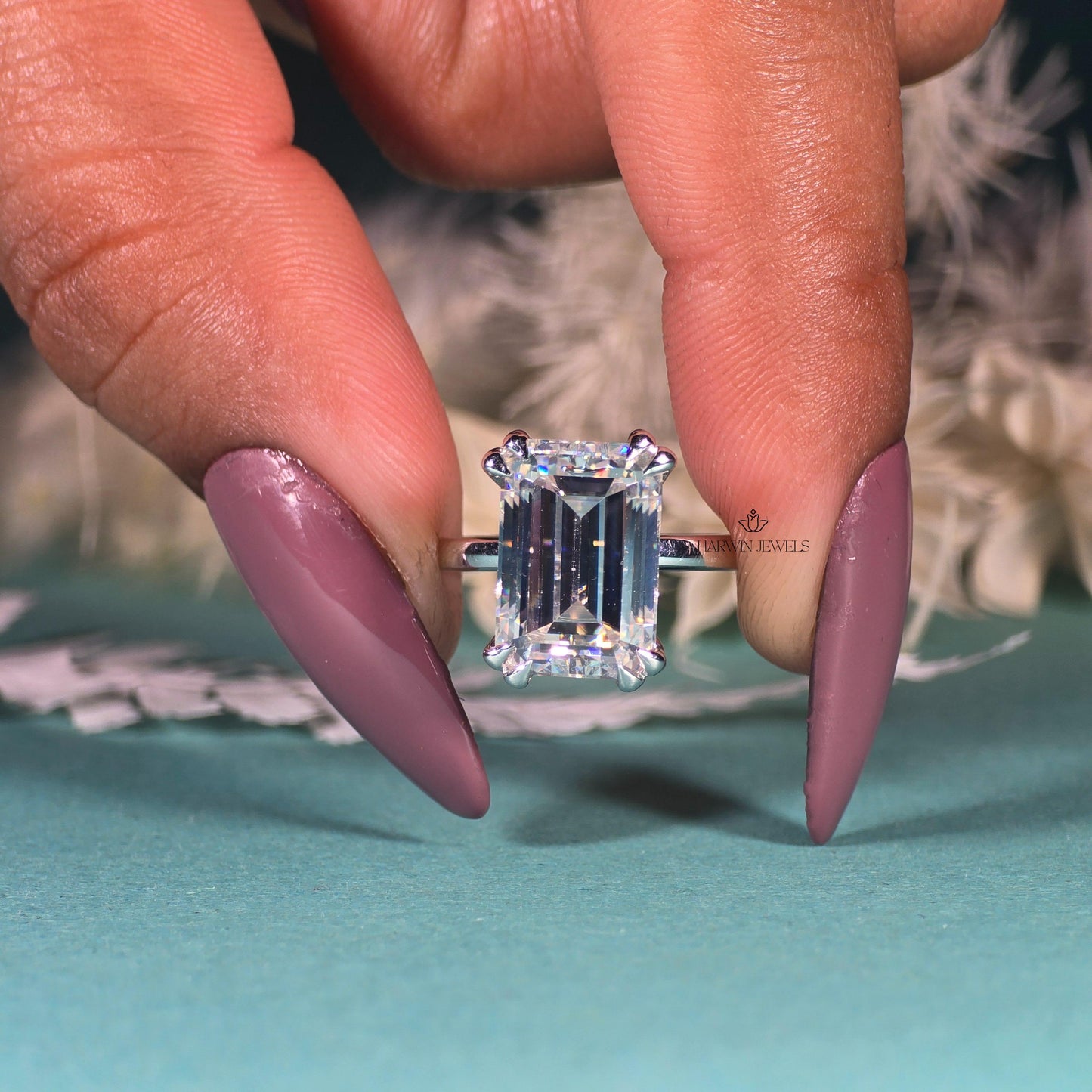 Engagement Ring for Her, 14K Solid White Gold Emerald Cut Moissanite Wedding Ring, Double Prongs Bridal Ring, Valentine's Day, Promise Ring