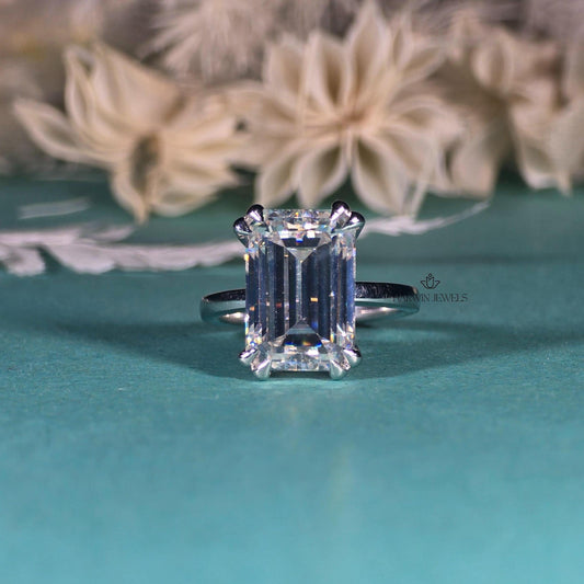 Engagement Ring for Her, 14K Solid White Gold Emerald Cut Moissanite Wedding Ring, Double Prongs Bridal Ring, Valentine's Day, Promise Ring