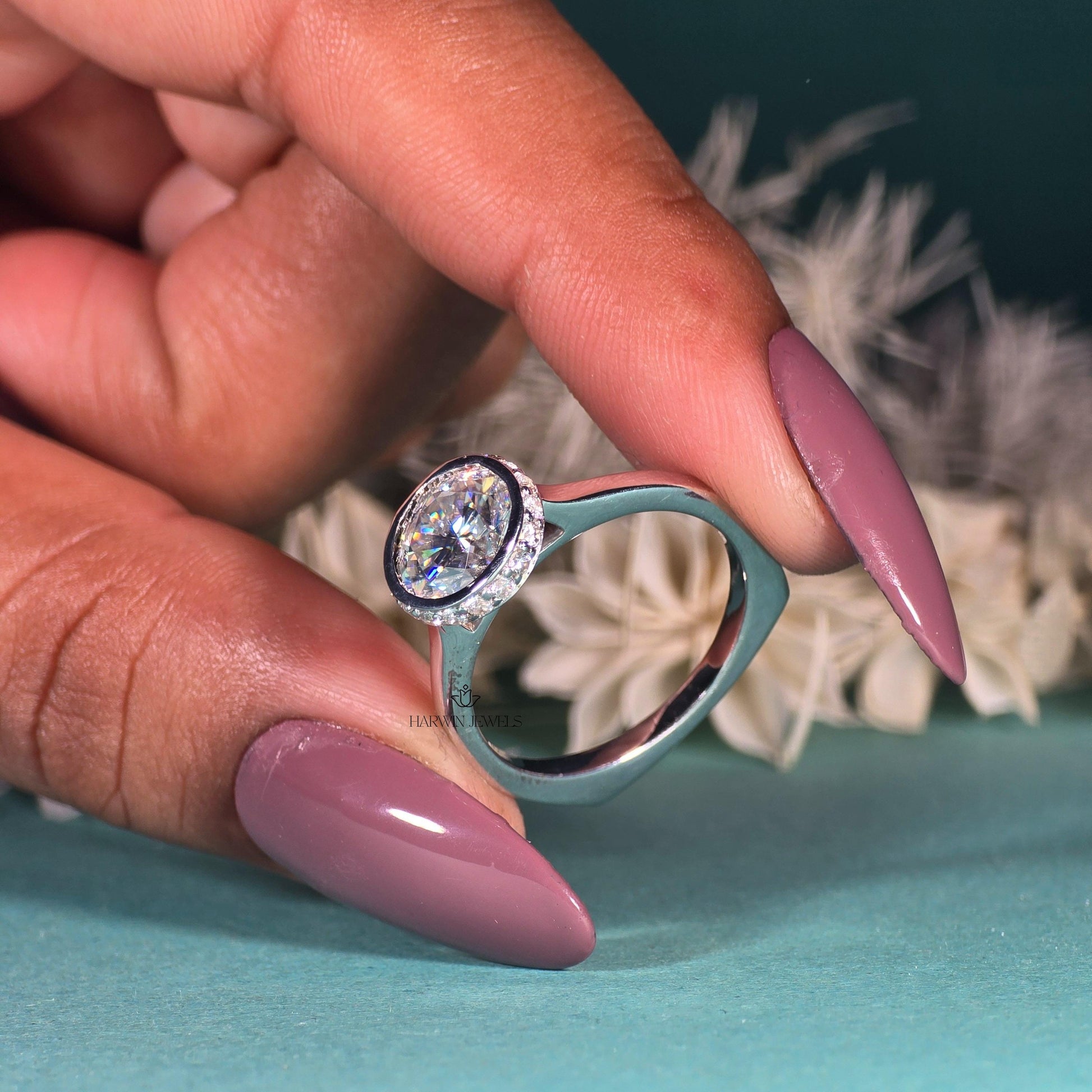 Unique Round Cut Hidden Halo Moissanite Engagement Ring/14K Solid White Gold Promise Ring/Bezel Set/Personalized Gift/Wedding/Ring For Women