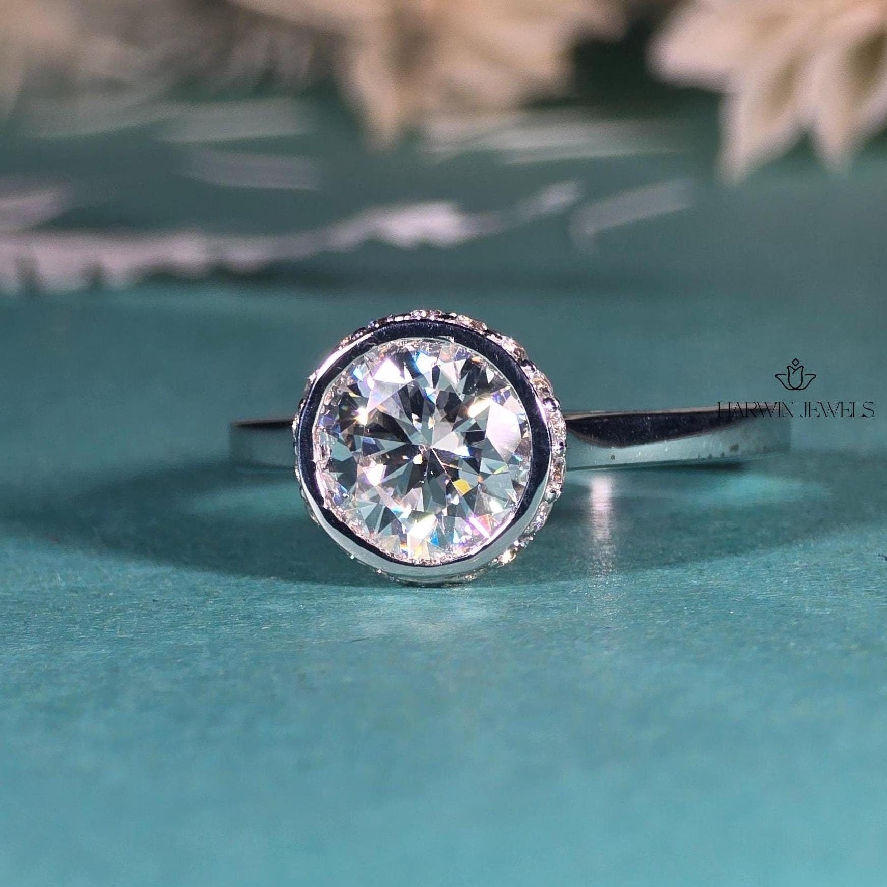 Unique Round Cut Hidden Halo Moissanite Engagement Ring/14K Solid White Gold Promise Ring/Bezel Set/Personalized Gift/Wedding/Ring For Women