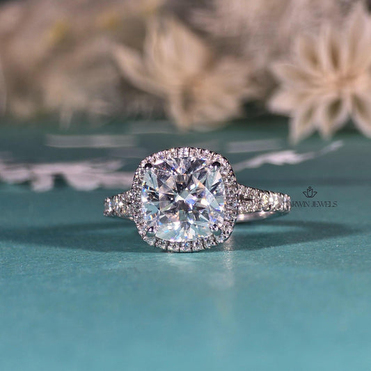 3.50 Carats Cushion Cut Halo Engagement Ring/ Bridal wedding ring set, White Gold Promise Ring, Pave Band, Anniversary Ring,Wedding Ring Set