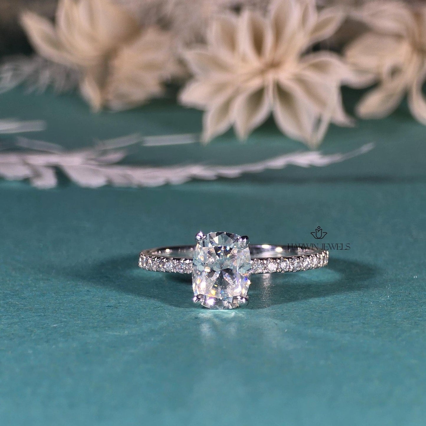 Elongated Cushion Cut Engagement Ring for Women, 3.0carat Moissanite/ Promise Ring Gift For Her , 14K White Gold Pave Set Ring, Promise Ring