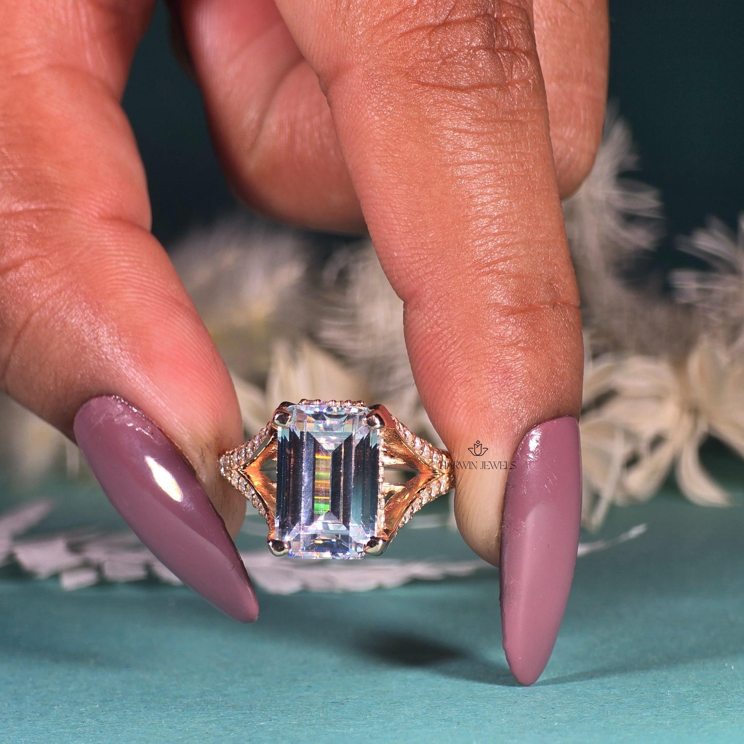 4.00 CT Emerald Cut Colorless Moissanite Stone Engagement Ring, Split Shank With 3/4 Eternity Hidden Halo Ring, 14K Yellow Gold Ring