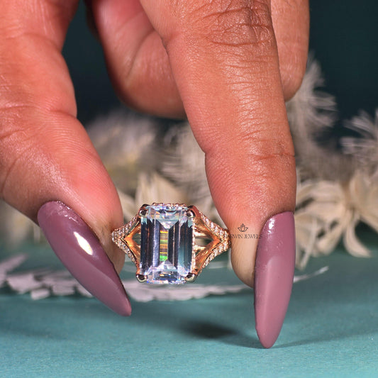 4.00 CT Emerald Cut Colorless Moissanite Stone Engagement Ring, Split Shank With 3/4 Eternity Hidden Halo Ring, 14K Yellow Gold Ring