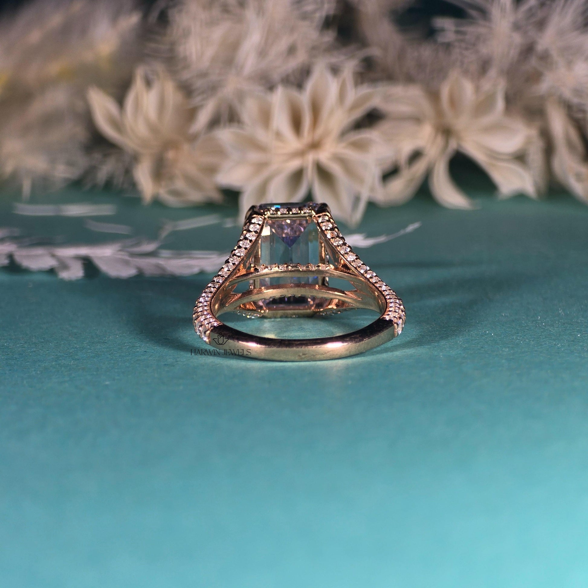 4.00 CT Emerald Cut Colorless Moissanite Stone Engagement Ring, Split Shank With 3/4 Eternity Hidden Halo Ring, 14K Yellow Gold Ring