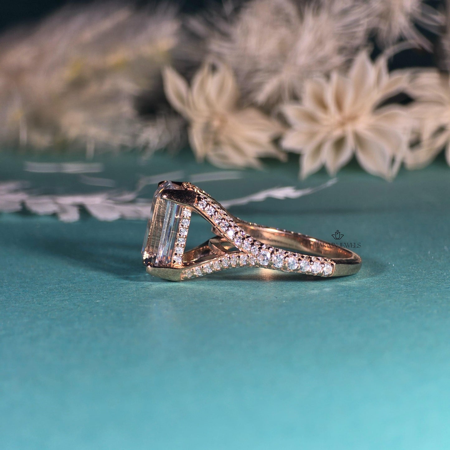 4.00 CT Emerald Cut Colorless Moissanite Stone Engagement Ring, Split Shank With 3/4 Eternity Hidden Halo Ring, 14K Yellow Gold Ring