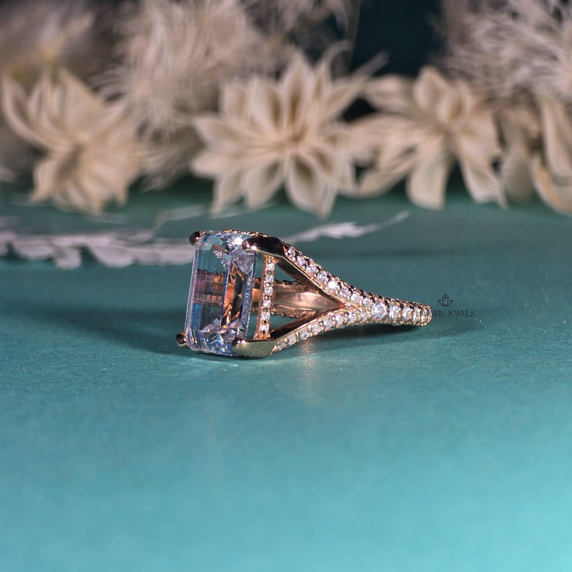 4.00 CT Emerald Cut Colorless Moissanite Stone Engagement Ring, Split Shank With 3/4 Eternity Hidden Halo Ring, 14K Yellow Gold Ring