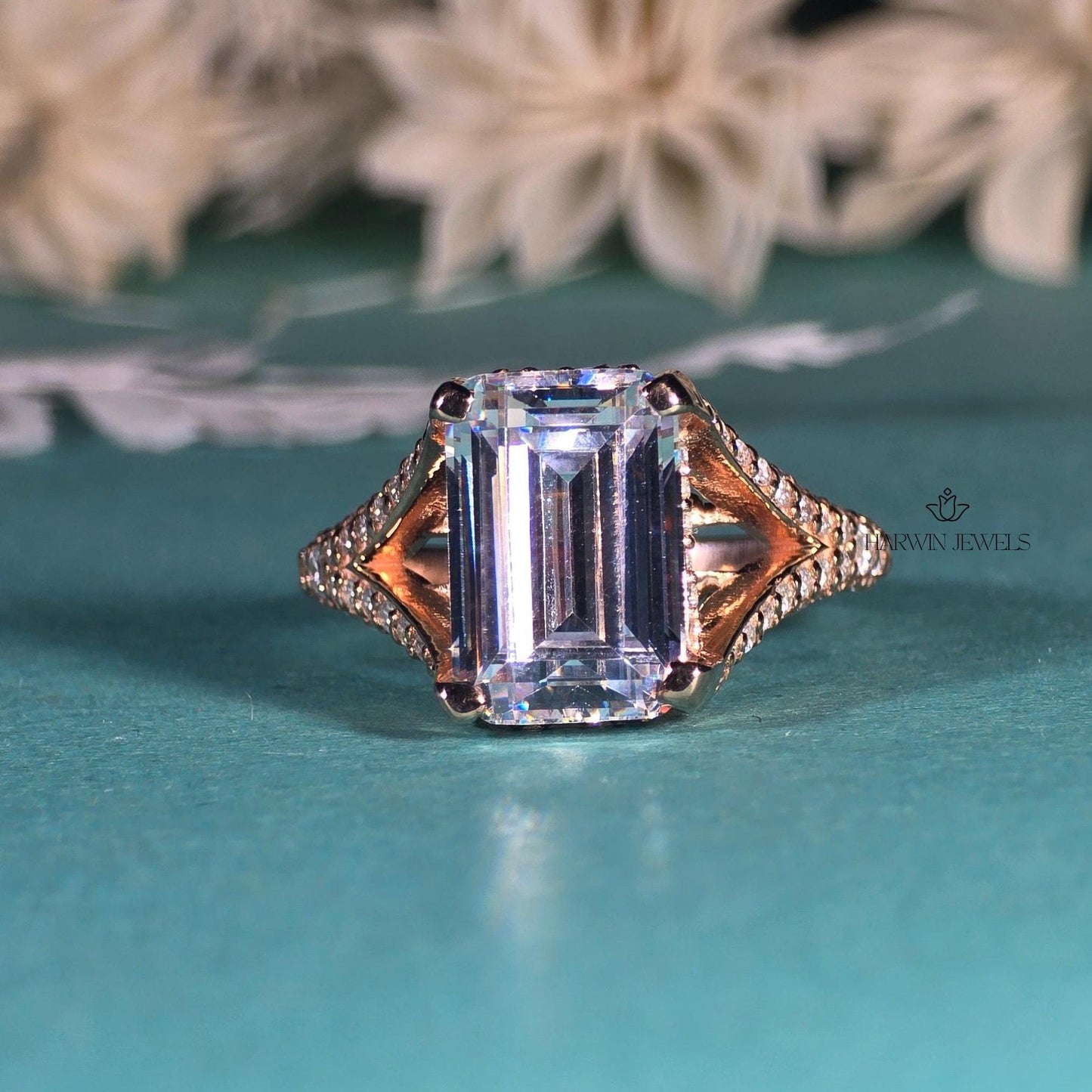 4.00 CT Emerald Cut Colorless Moissanite Stone Engagement Ring, Split Shank With 3/4 Eternity Hidden Halo Ring, 14K Yellow Gold Ring