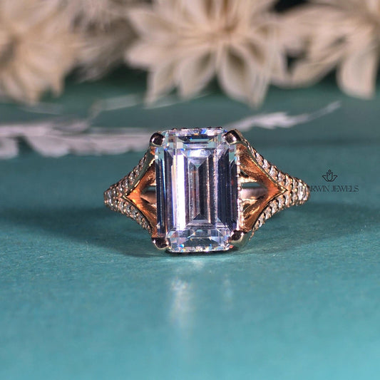 4.00 CT Emerald Cut Colorless Moissanite Stone Engagement Ring, Split Shank With 3/4 Eternity Hidden Halo Ring, 14K Yellow Gold Ring