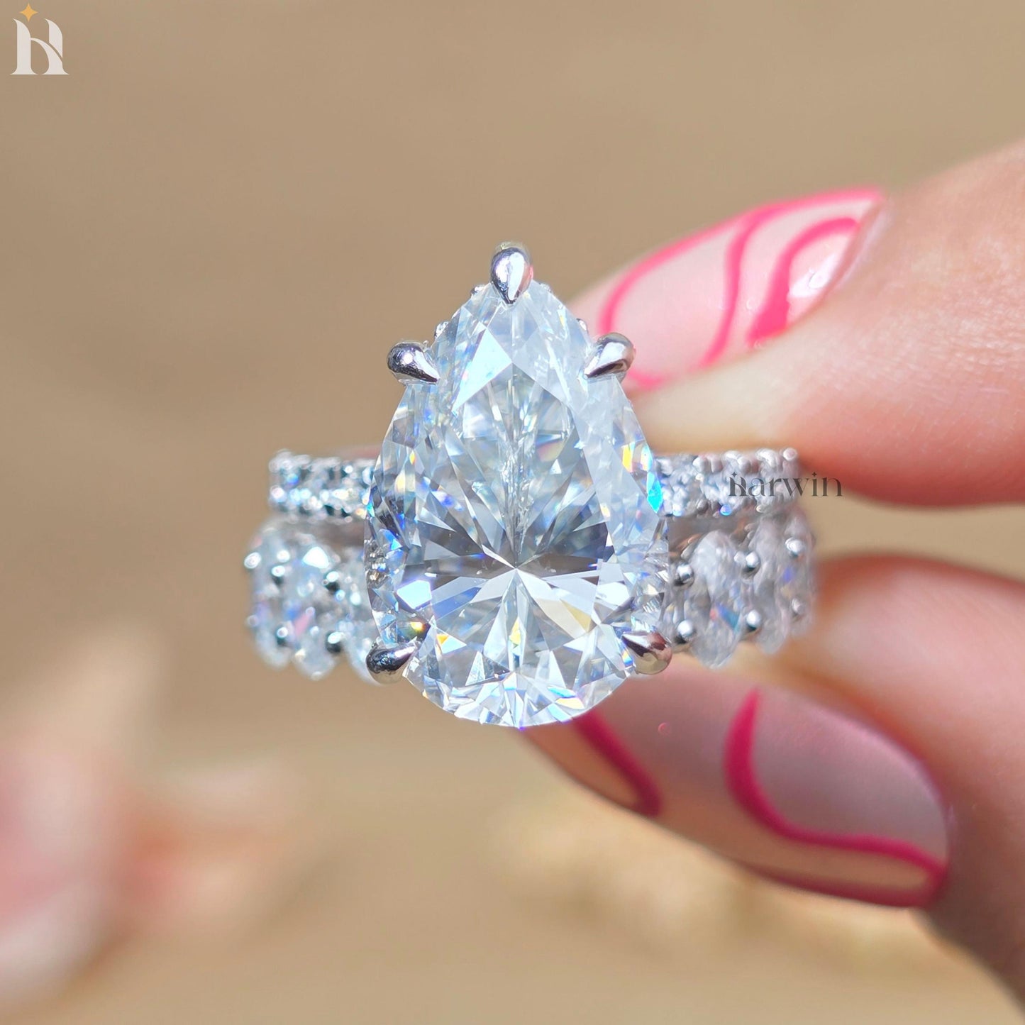 5 CT Pear Cut Moissanite Ring, Oval Diamond Band, 14K White Gold Bridal Set