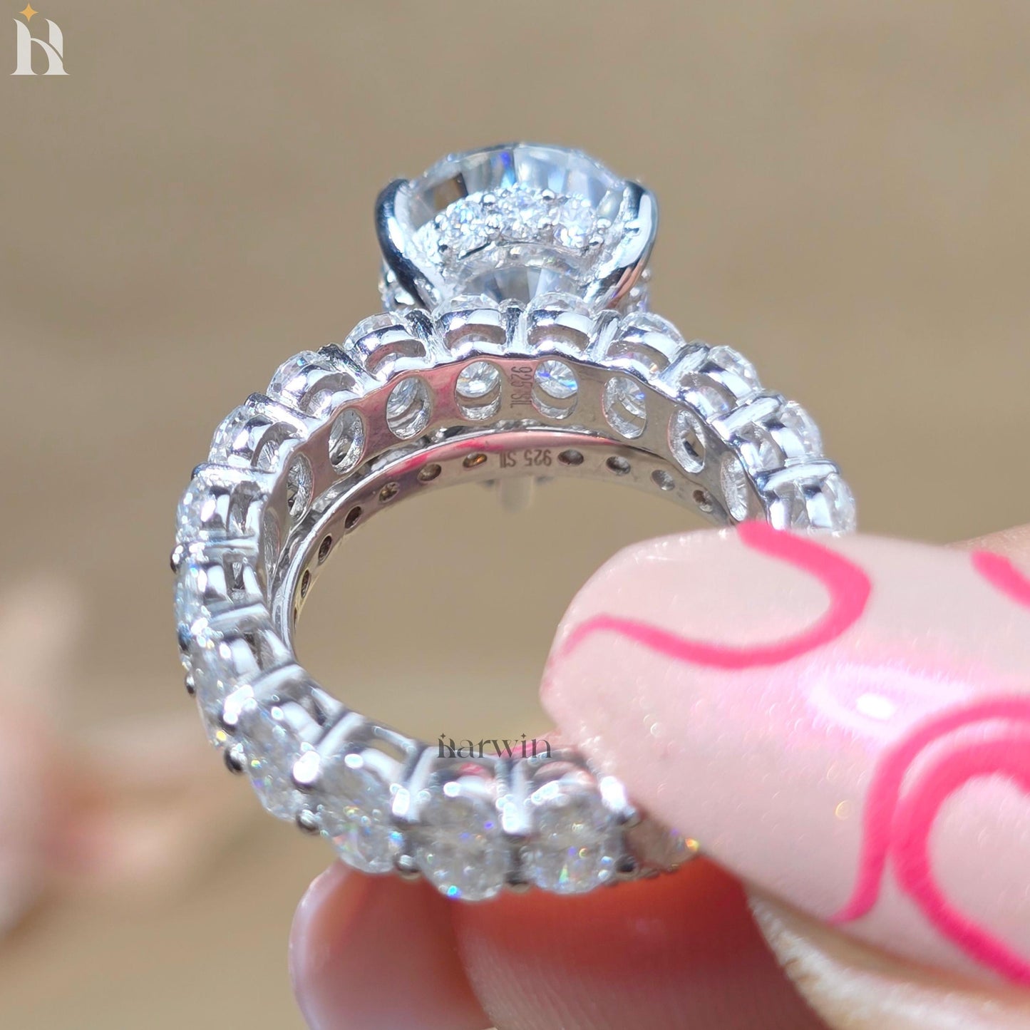 5 CT Pear Cut Moissanite Ring, Oval Diamond Band, 14K White Gold Bridal Set