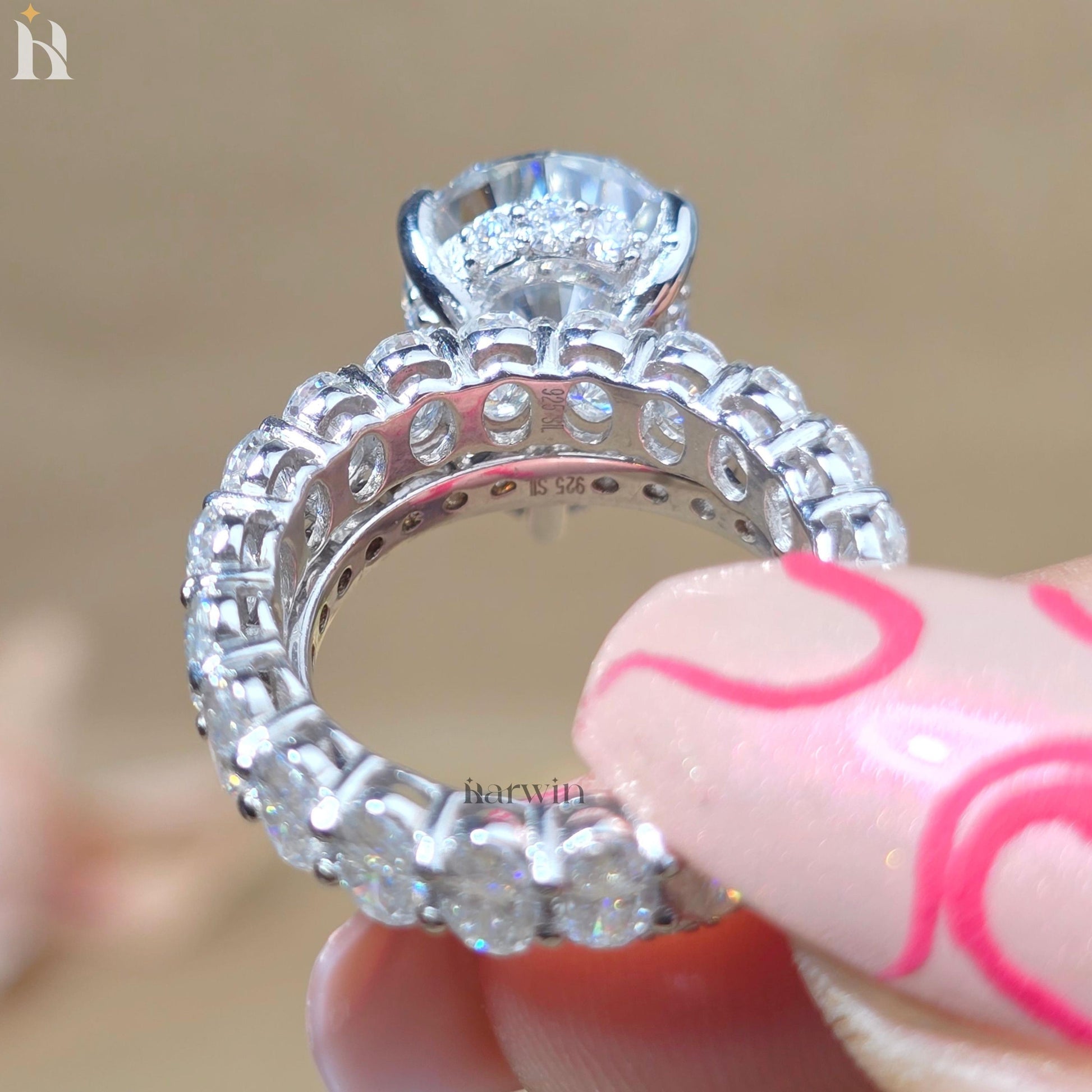 5 CT Pear Cut Moissanite Ring, Oval Diamond Band, 14K White Gold Bridal Set