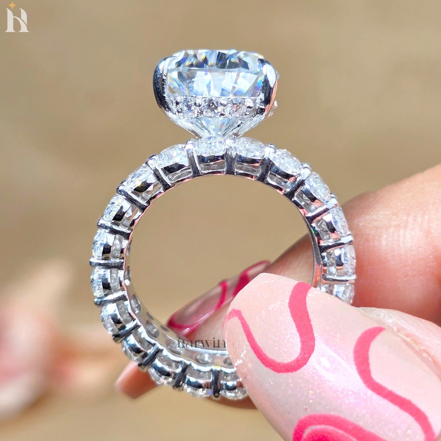 5 CT Pear Cut Moissanite Ring, Oval Diamond Band, 14K White Gold Bridal Set
