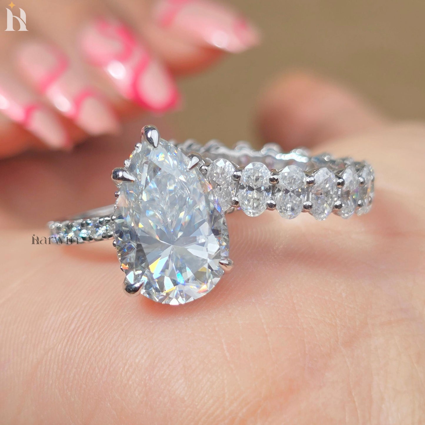 5 CT Pear Cut Moissanite Ring, Oval Diamond Band, 14K White Gold Bridal Set