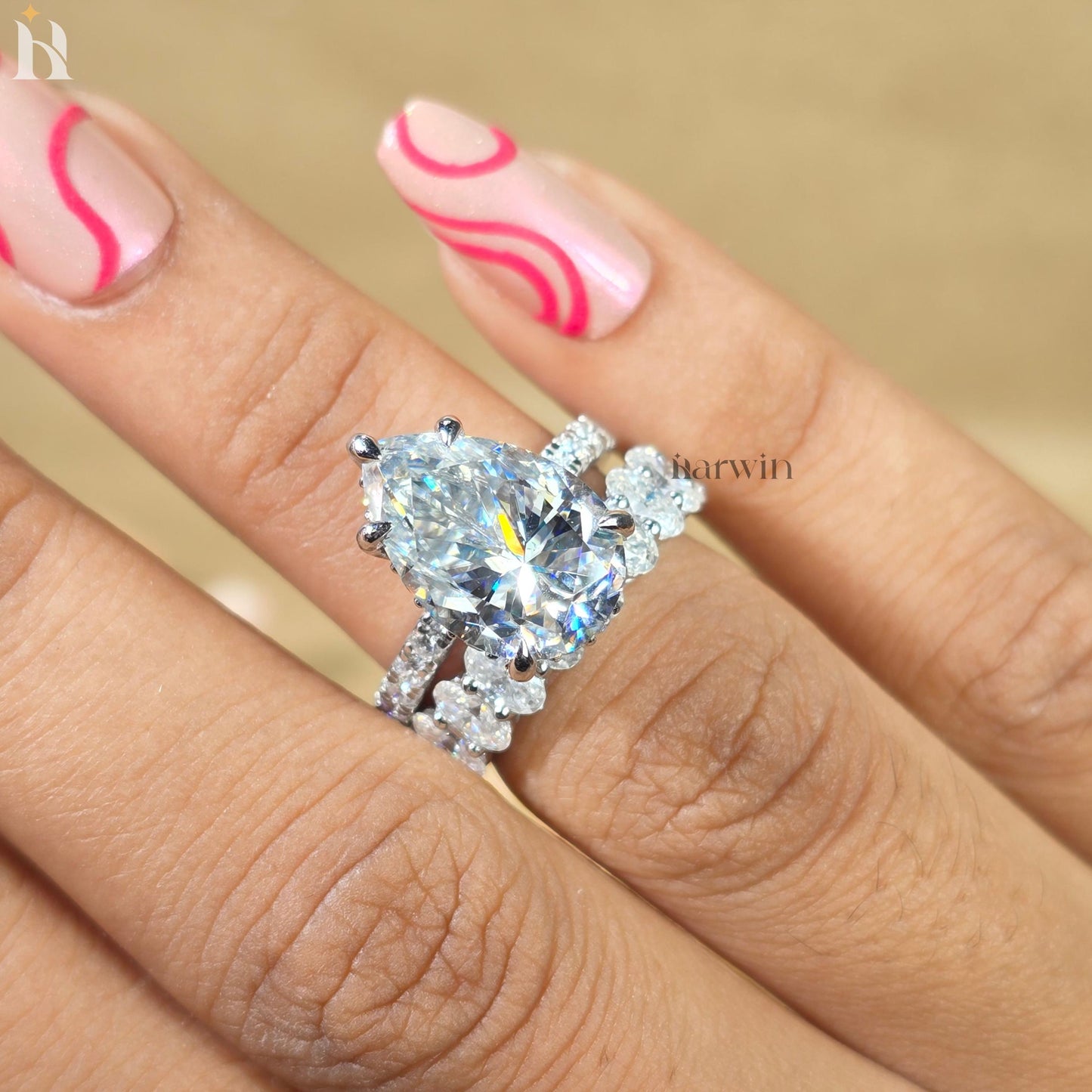 5 CT Pear Cut Moissanite Ring, Oval Diamond Band, 14K White Gold Bridal Set