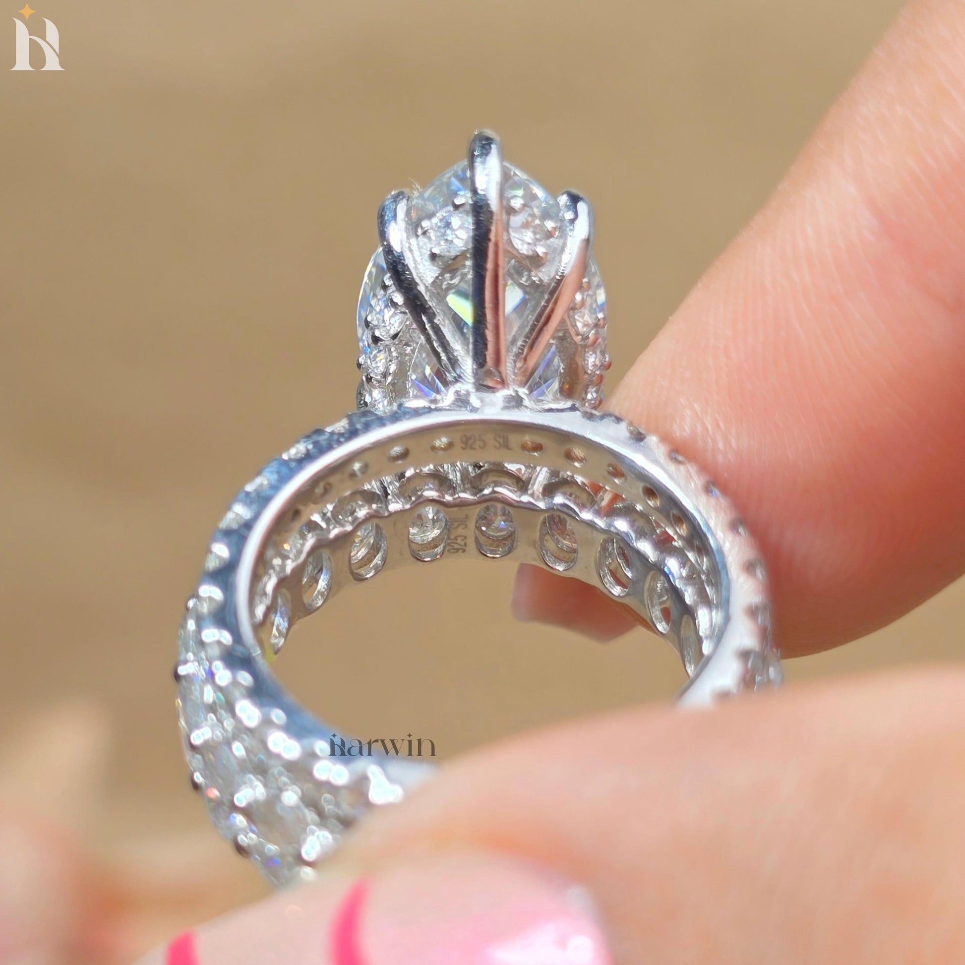 5 CT Pear Cut Moissanite Ring, Oval Diamond Band, 14K White Gold Bridal Set