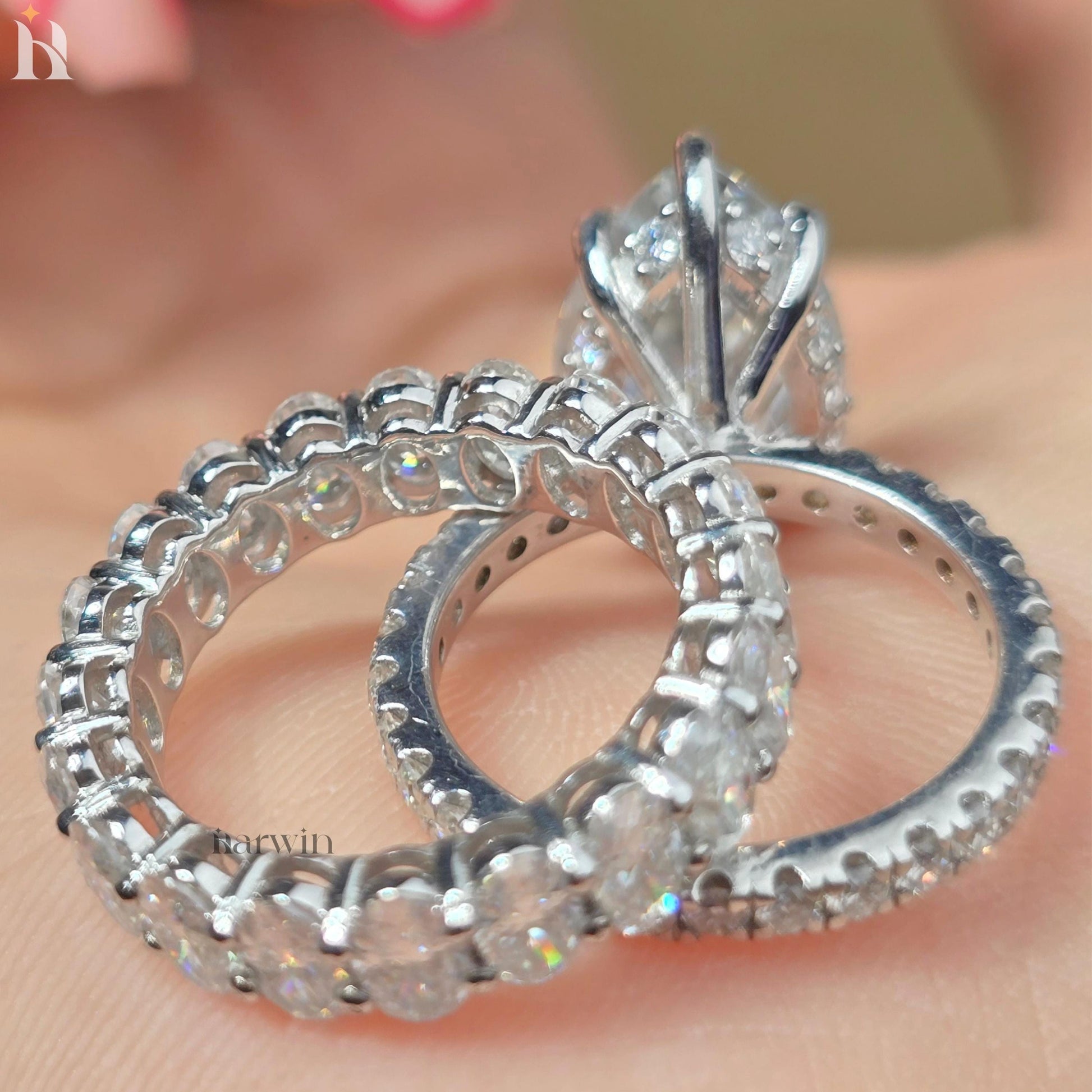 5 CT Pear Cut Moissanite Ring, Oval Diamond Band, 14K White Gold Bridal Set
