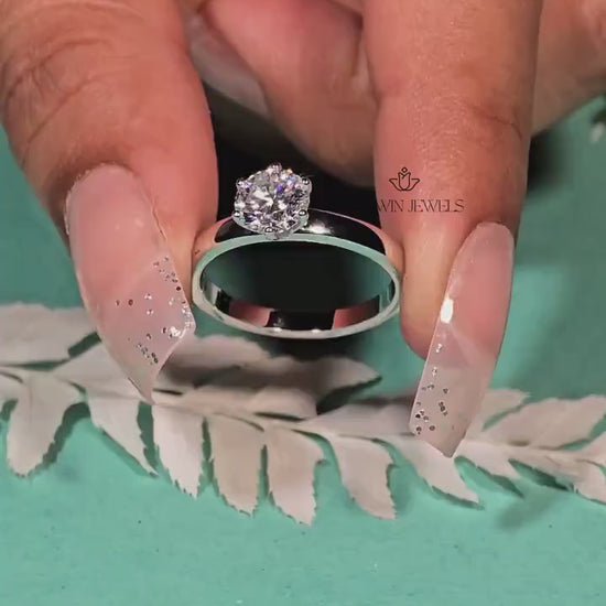 1.0 CT to 1.75 CT Round Brilliant Cut Lab Grown Diamond Solitaire Engagement Ring, 6 Prong Solitaire Ring, 14k White Gold CVD Lab Created