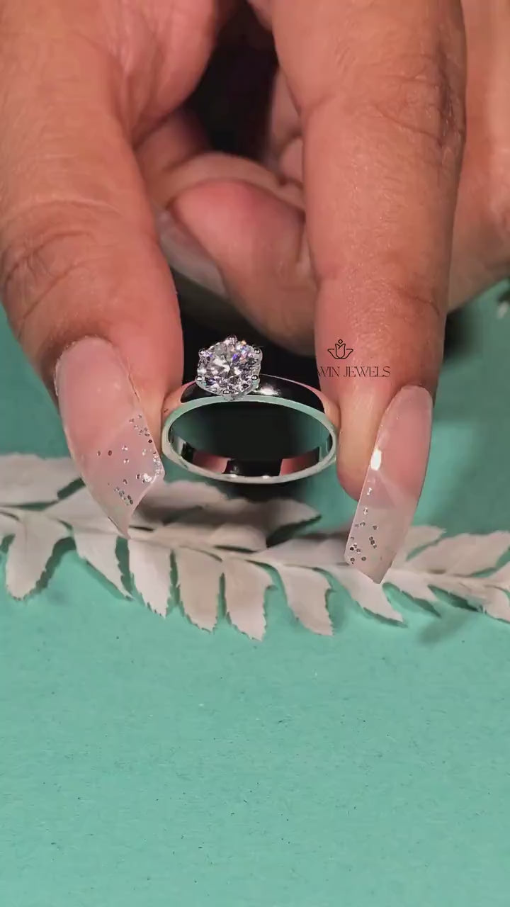 1.0 CT to 1.75 CT Round Brilliant Cut Lab Grown Diamond Solitaire Engagement Ring, 6 Prong Solitaire Ring, 14k White Gold CVD Lab Created