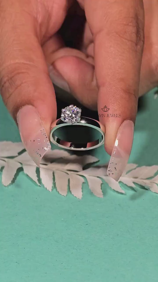 1.0 CT to 1.75 CT Round Brilliant Cut Lab Grown Diamond Solitaire Engagement Ring, 6 Prong Solitaire Ring, 14k White Gold CVD Lab Created