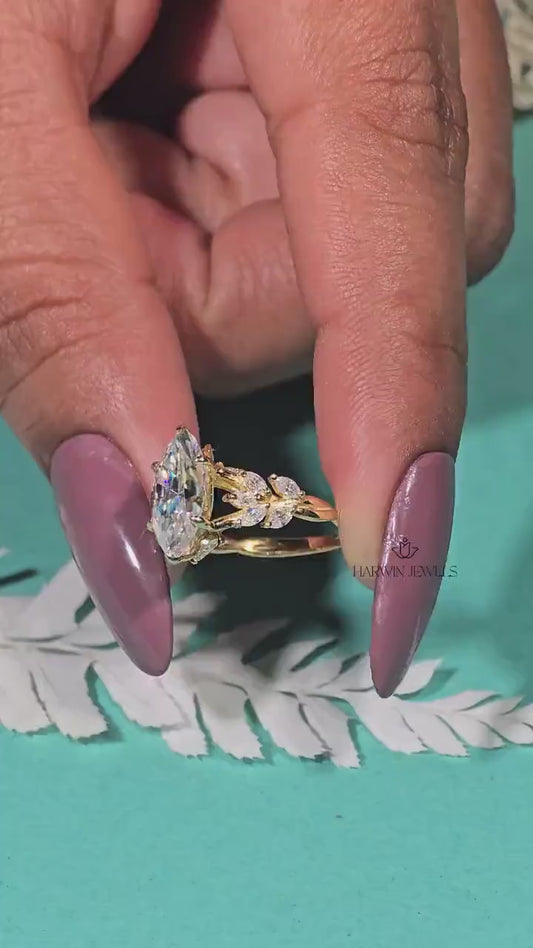 Marquise Cut Moissanite Cluster Engagement Ring, 3 CT Wedding Ring For Women, 14k Yellow Gold Ring, Cluster Marriage ring, Gift For Wife