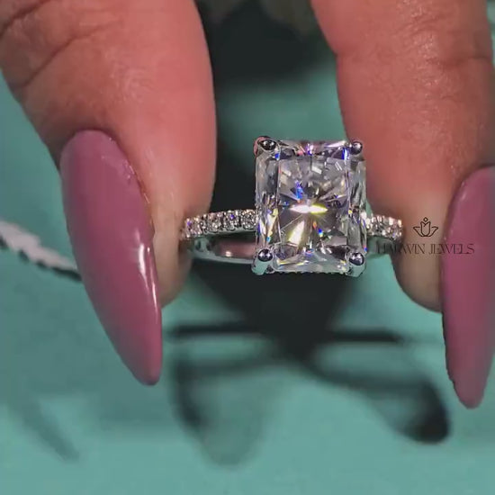 18K Solid White Gold Hidden Halo Engagement Ring, 2.00 CT Radiant Cut Moissanite Wedding Ring, Pave Set Solitaire Anniversary Gift For Wife