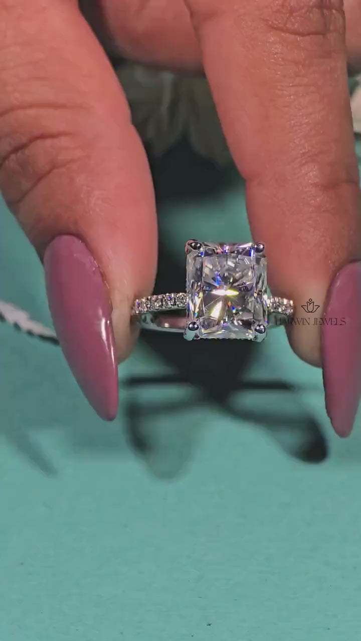 18K Solid White Gold Hidden Halo Engagement Ring, 2.00 CT Radiant Cut Moissanite Wedding Ring, Pave Set Solitaire Anniversary Gift For Wife