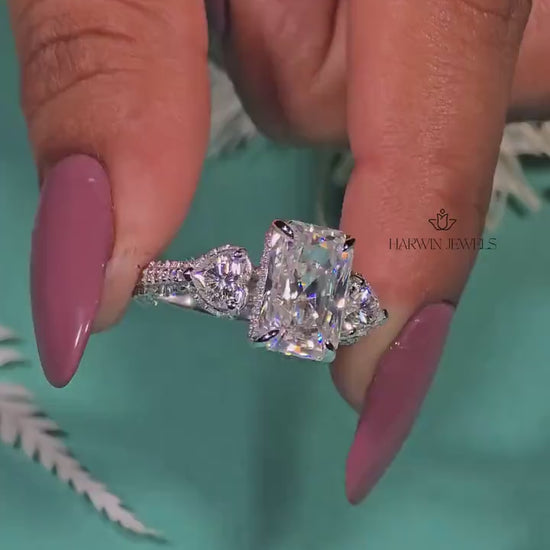 Radiant Cut Moissanite Engagement Ring, Side Stone Heart Cut Ring,Elongated Radiant,Three Stone Ring ,4.80 CT Pave Set Proposal Wedding Ring