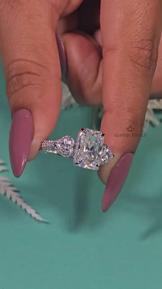 Radiant Cut Moissanite Engagement Ring, Side Stone Heart Cut Ring,Elongated Radiant,Three Stone Ring ,4.80 CT Pave Set Proposal Wedding Ring