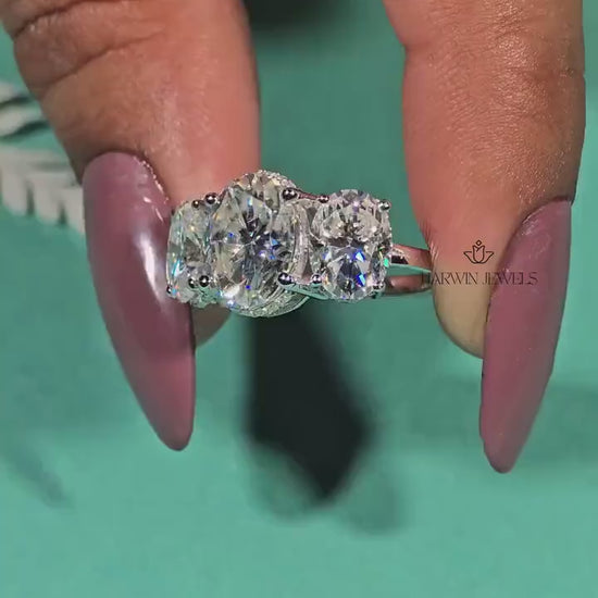 14K White Gold Three Stone Ring, 1.50 CT Oval Cut Moissanite Engagement Ring, Two Round Side Stone Wedding Ring, Anniversary Unique Gift