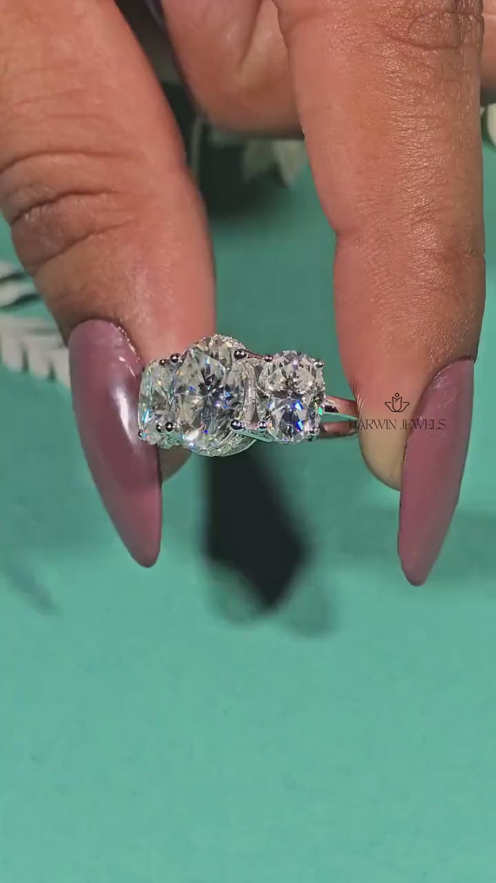 14K White Gold Three Stone Ring, 1.50 CT Oval Cut Moissanite Engagement Ring, Two Round Side Stone Wedding Ring, Anniversary Unique Gift