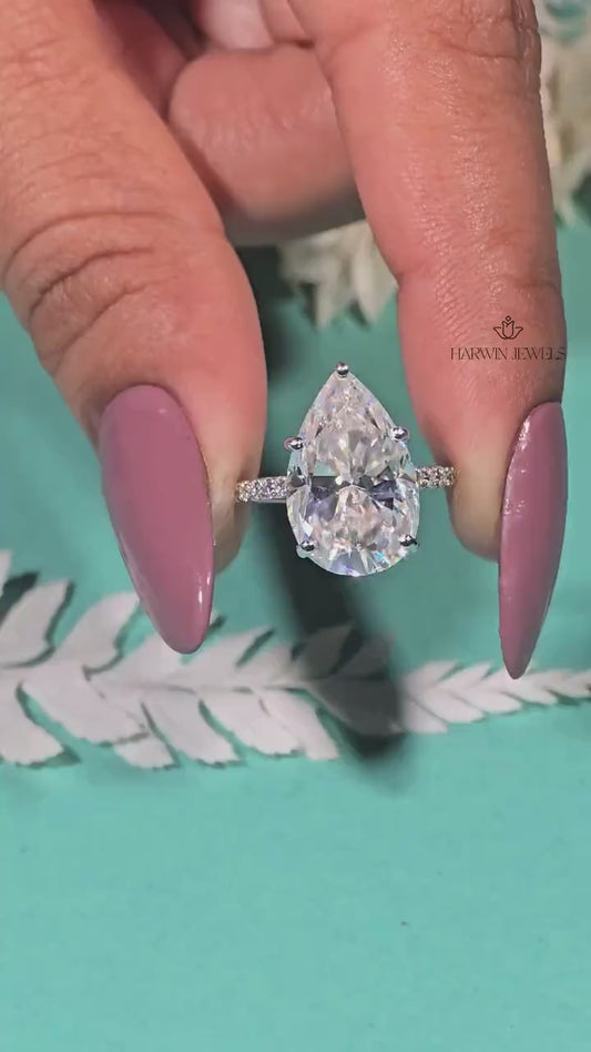 Pear Cut Moissanite Halo Engagement Ring, 14K White Gold Pave Setting Beautiful Promise Anniversary Gift For Her, Handmade Jewelry