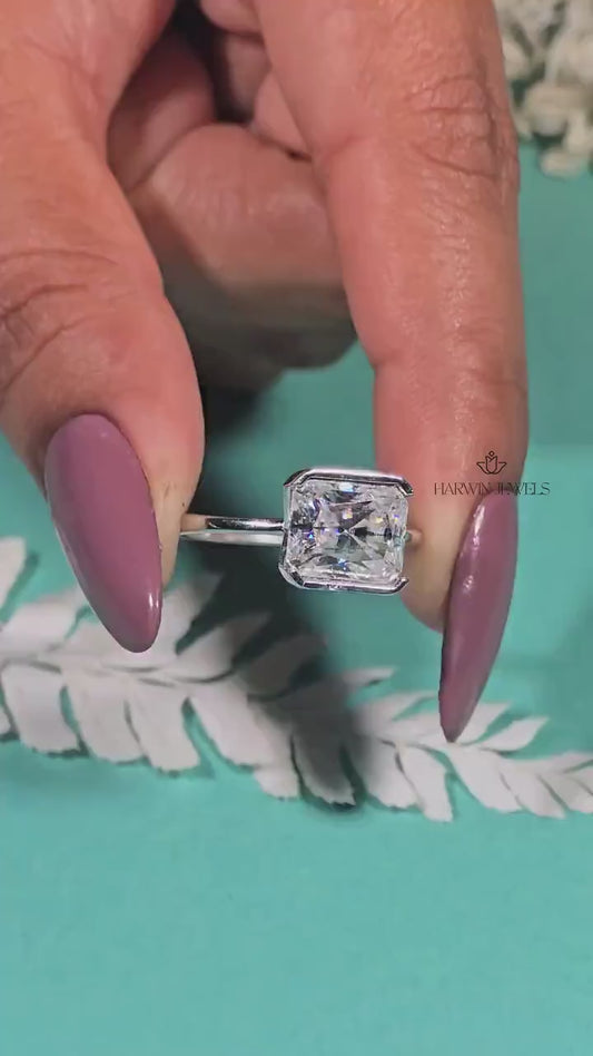 2 CT Radiant Cut Half Bezel Moissanite Wedding Ring 10K Solid White Gold Minimalist Bridal Anniversary Ring Solitaire Ring Gift For Her