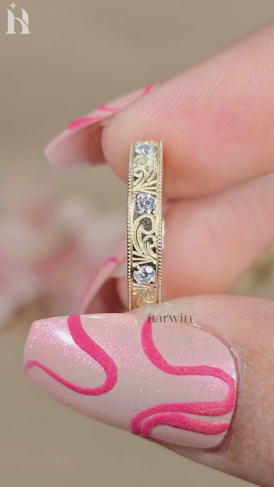 Art Deco Moissanite Wedding Band, Vintage Engraved Scrollwork Ring, Antique Style Band