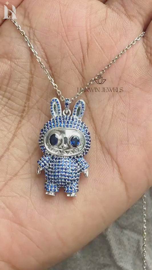 Iced Out Teddy Bear Pendant | Blue CZ Sterling Silver Necklace