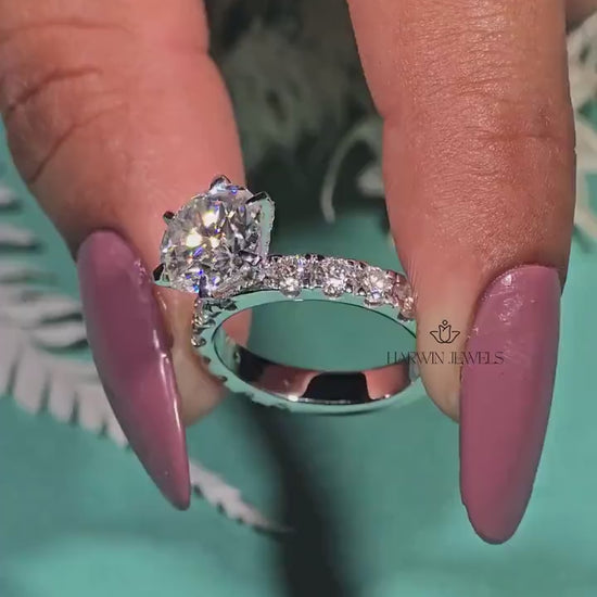 Round Cut Pave Set Engagement Ring,14k White Gold Proposal Ring,1.50 Carat Moissanite Ring,14kWhite Gold ,Hidden Halo,6 Prong Solitaire Ring