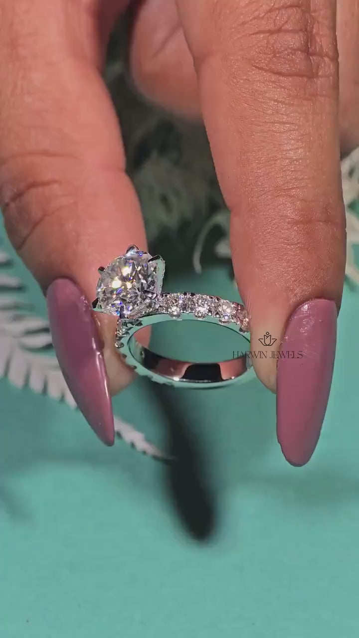 Round Cut Pave Set Engagement Ring,14k White Gold Proposal Ring,1.50 Carat Moissanite Ring,14kWhite Gold ,Hidden Halo,6 Prong Solitaire Ring