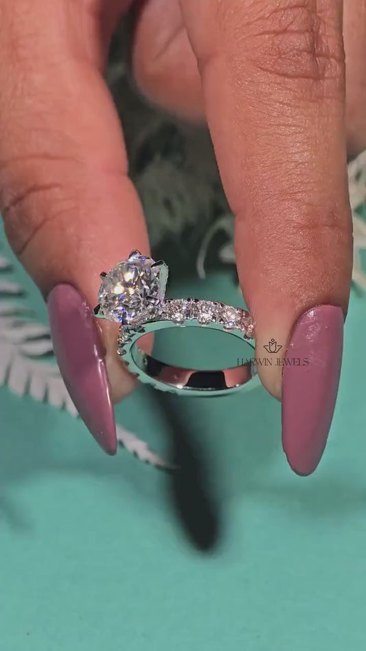 Round Cut Pave Set Engagement Ring,14k White Gold Proposal Ring,1.50 Carat Moissanite Ring,14kWhite Gold ,Hidden Halo,6 Prong Solitaire Ring