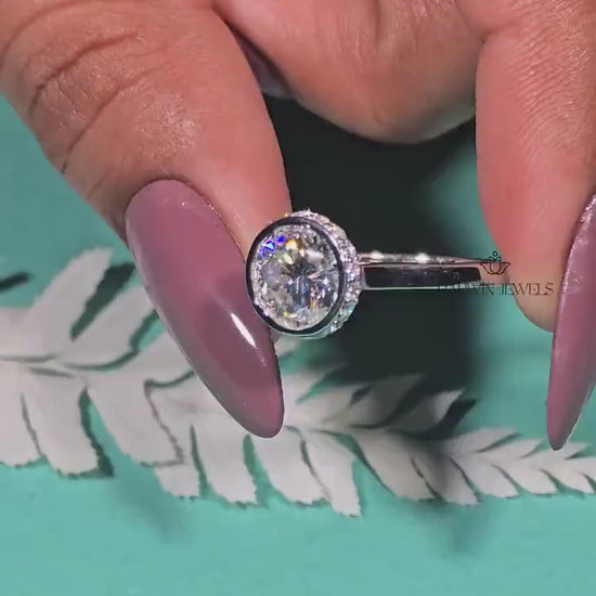 Unique Round Cut Hidden Halo Moissanite Engagement Ring/14K Solid White Gold Promise Ring/Bezel Set/Personalized Gift/Wedding/Ring For Women